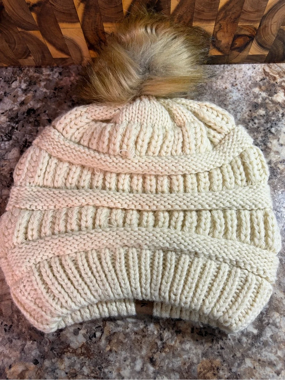 Cream Knit Pom Beanie with Faux Fur Top